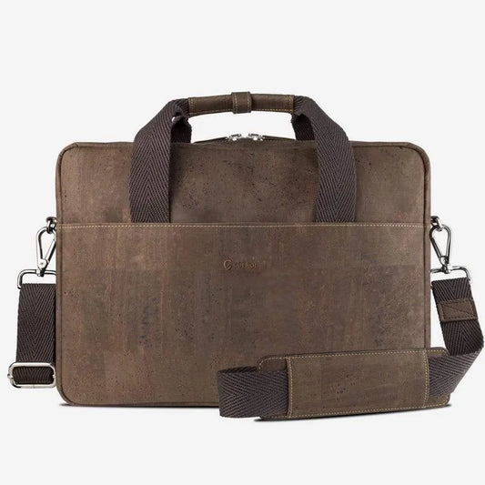 Cork briefcase for men in brown cork, made in Portugal, with shoulder strap
