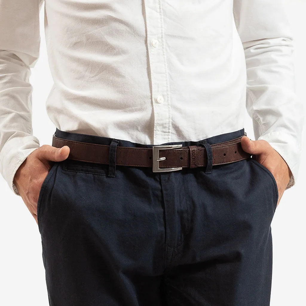 Man wearing a brown vegan belt made from genuine cork.