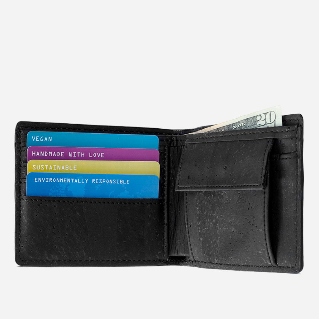 Open View of The Vegan Minimalist Cork Wallet with coin pocket and cards storage. Black Cork.