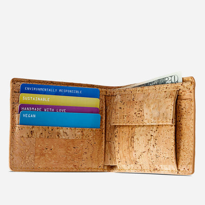 Open View of The Vegan Minimalist Cork Wallet with coin pocket and cards storage. Light Brown Cork.