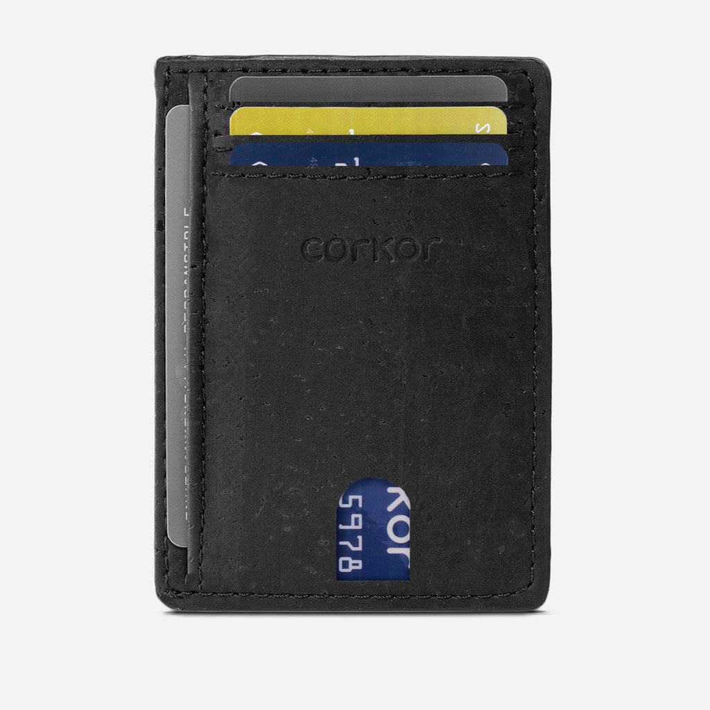 Front side of the cork cards holder RIFD Safe. Black Cork