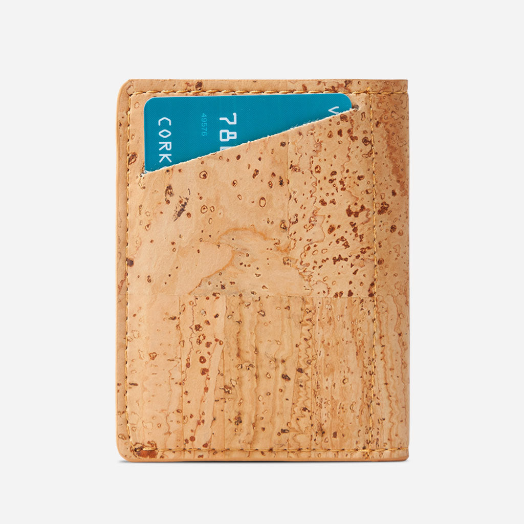 Back Side of The Vegan Minimalist Slim Cork Wallet. Light Brown Cork