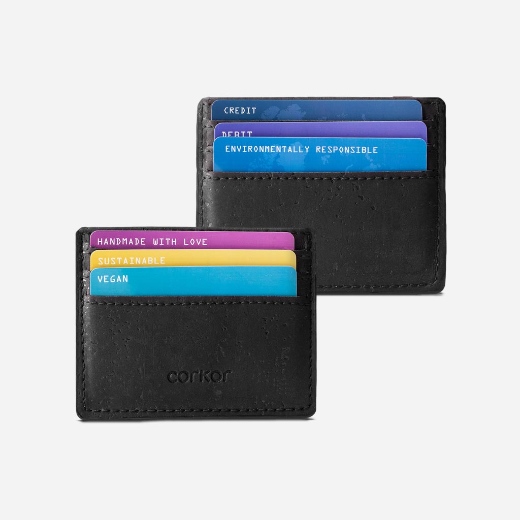 Front Side and Back side of The vegan card holder wallet, BlackCork.