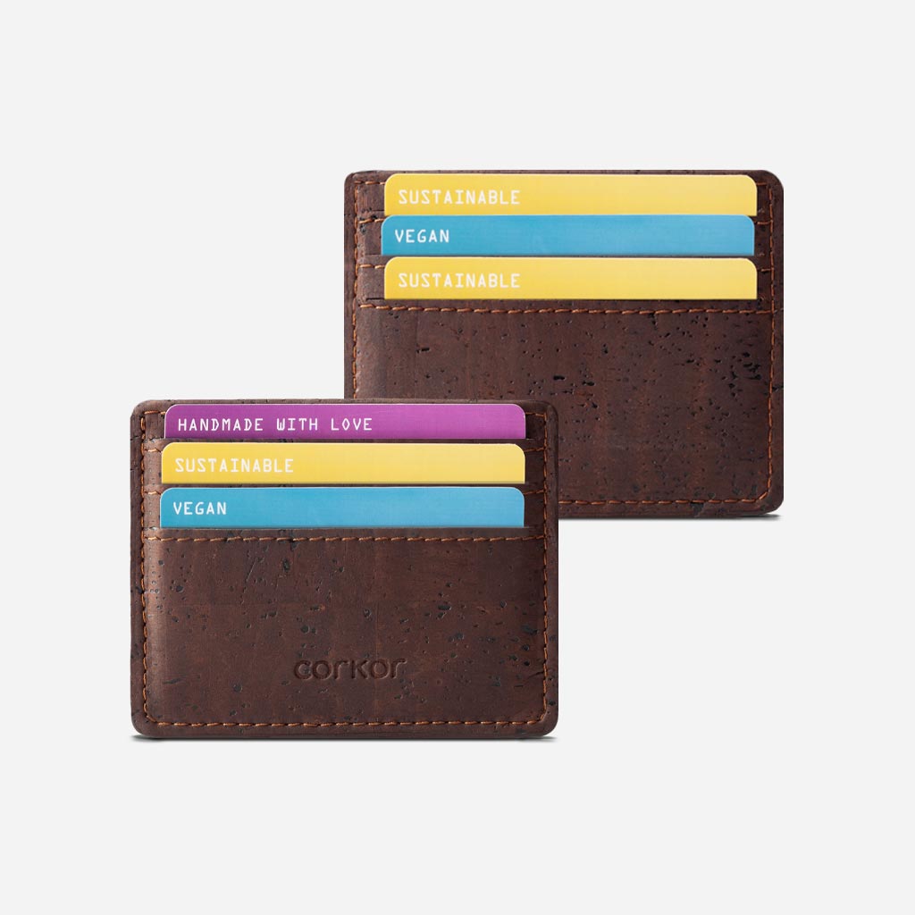 Front Side and Back side of The vegan card holder wallet, Brown Cork.