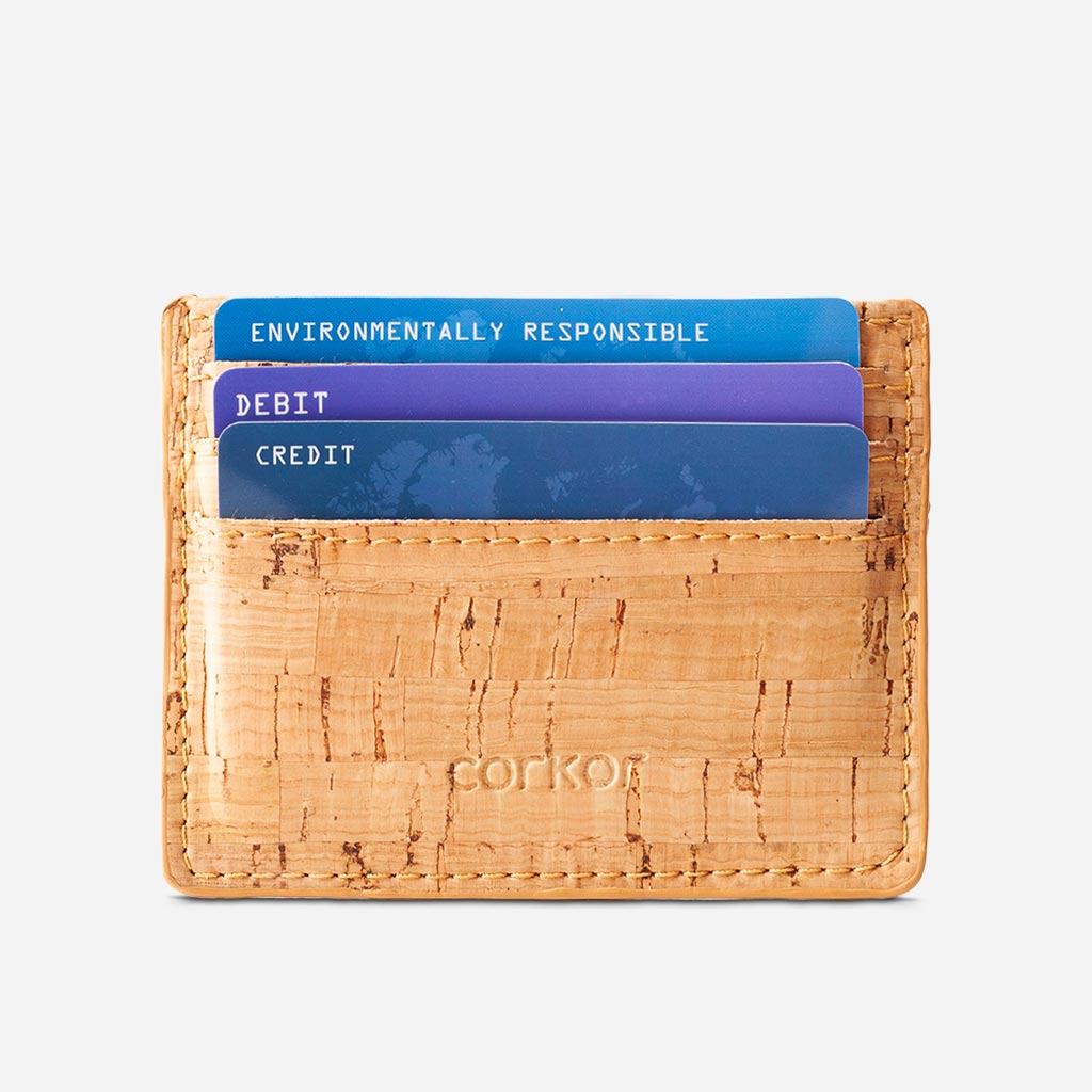 Front Side of The vegan card holder wallet, Light Brown Cork.