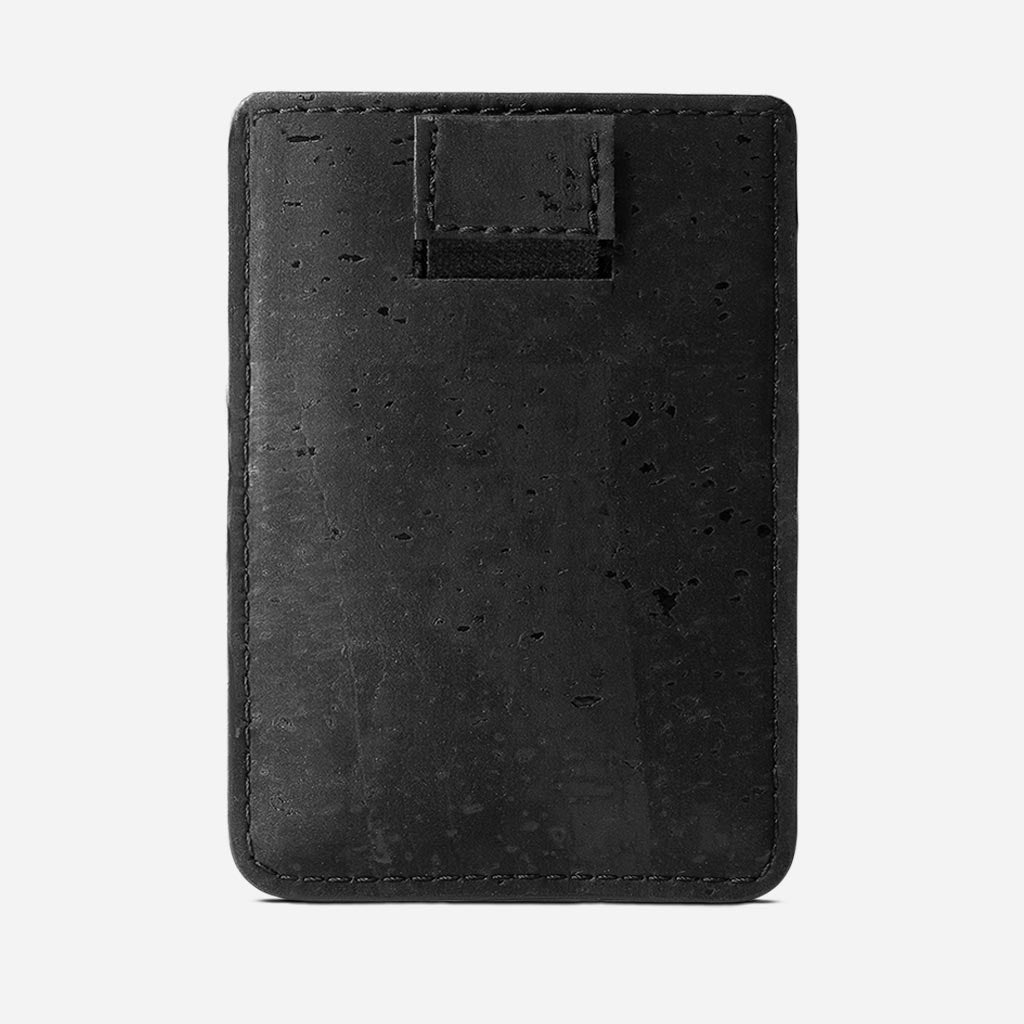Back Side of The Vegan Minimalist Cork Card Sleeve Wallet. Black Cork.