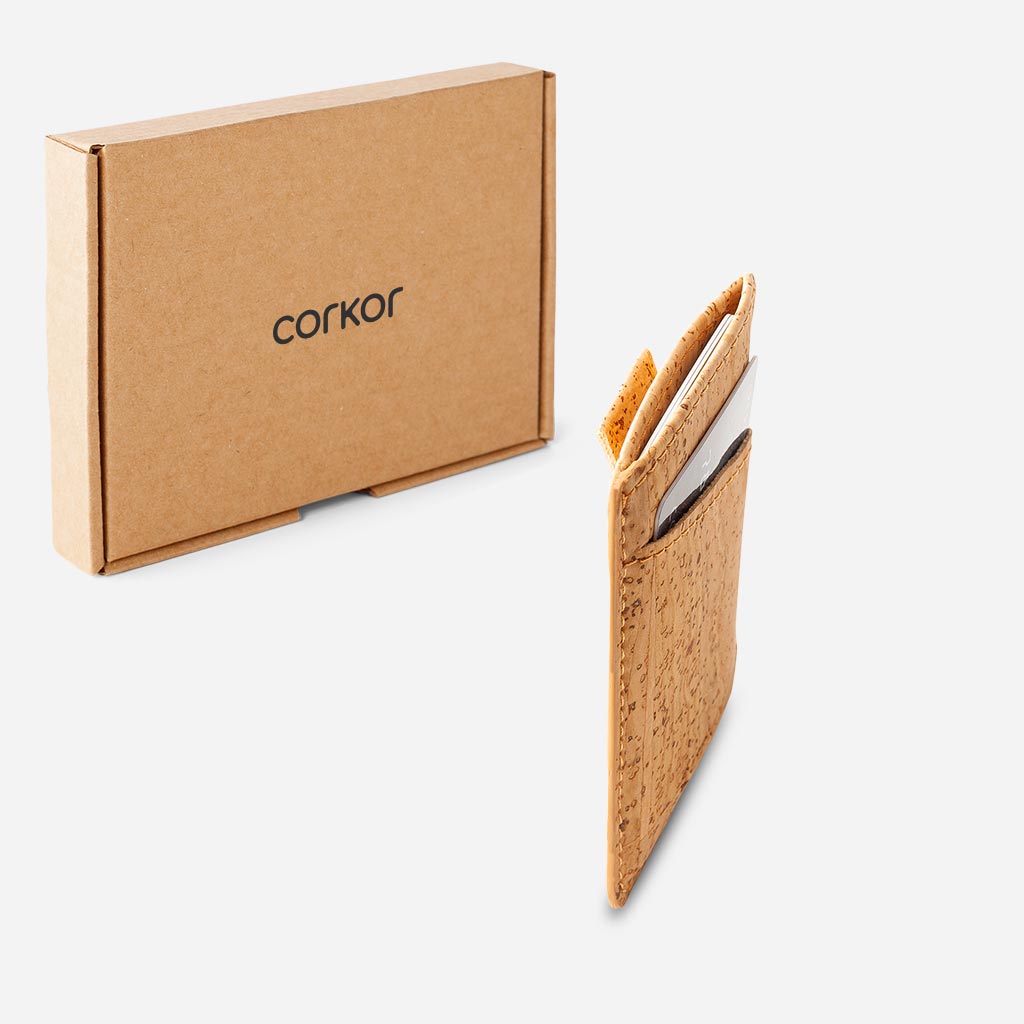 The Vegan Minimalist Cork Card Sleeve Wallet and its box.
