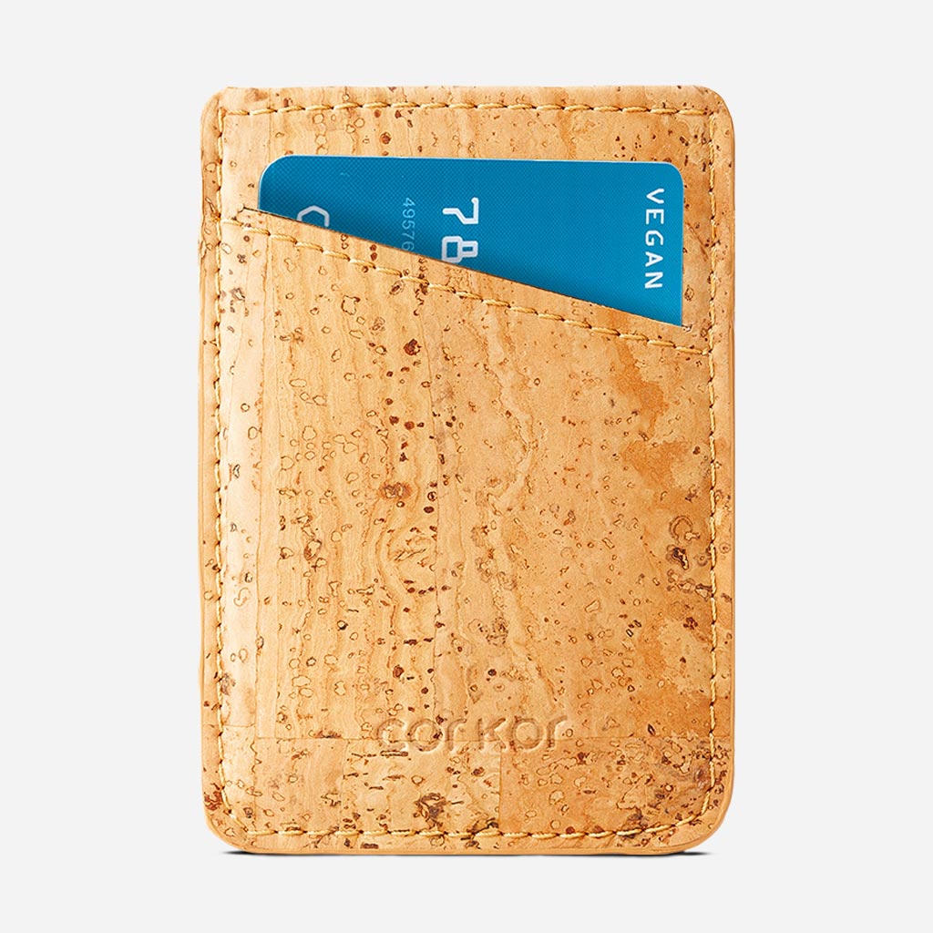 Front Side of The Vegan Minimalist Cork Card Sleeve Wallet. Light Brown Cork.