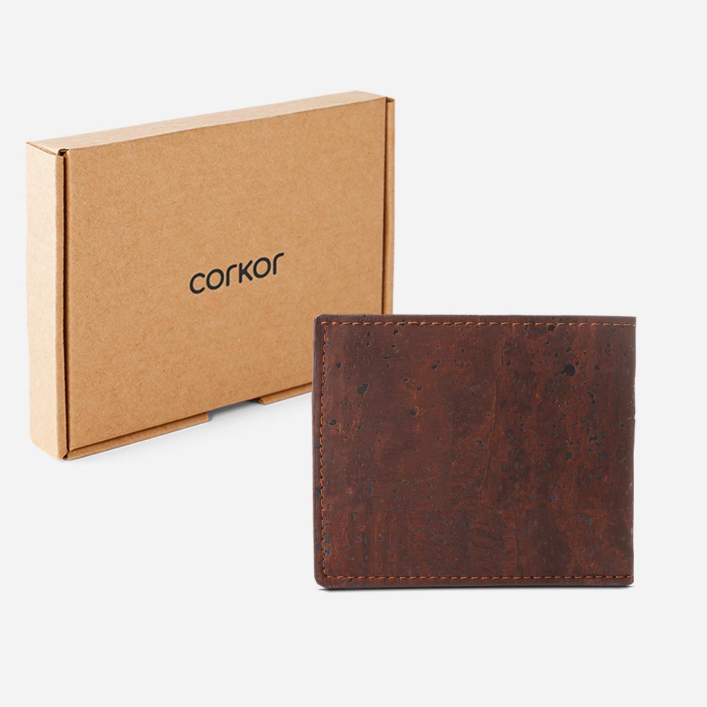 The Cork Passcase Wallet and its box. Brown Cork.