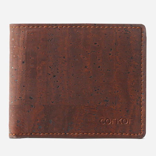 Front side of The Cork Passcase Wallet. Brown Cork.