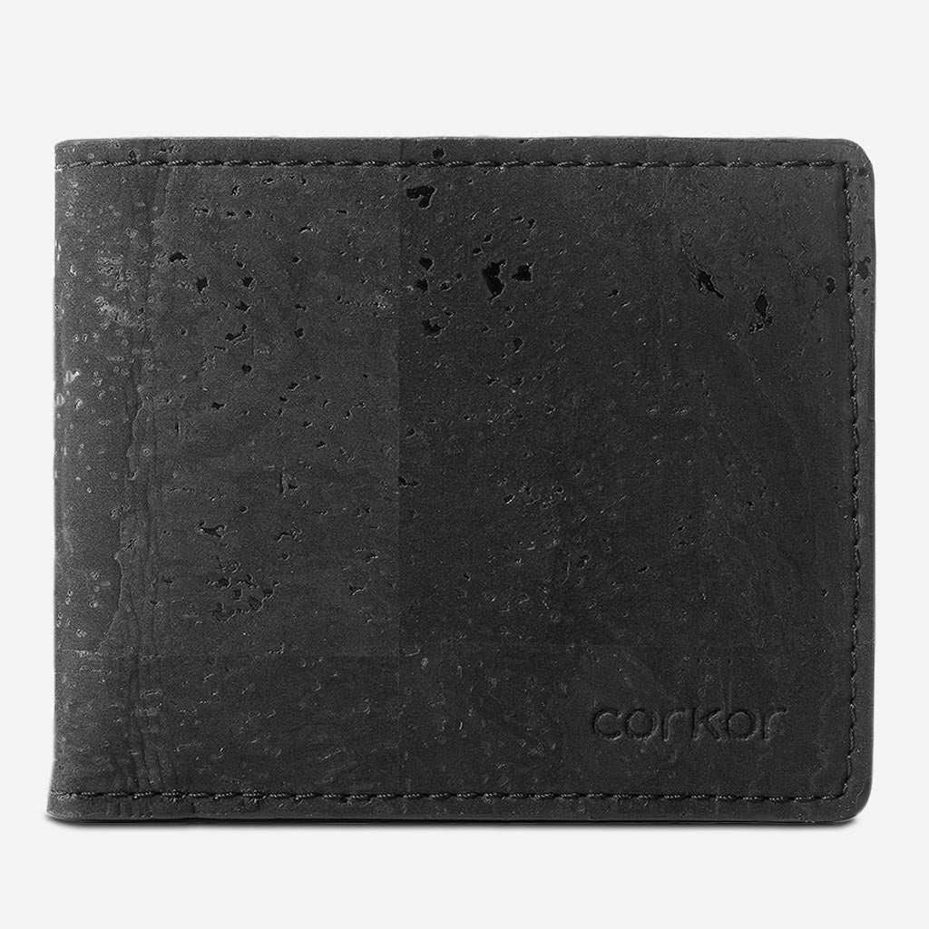 Front side of The Cork Passcase Wallet. Black Cork.