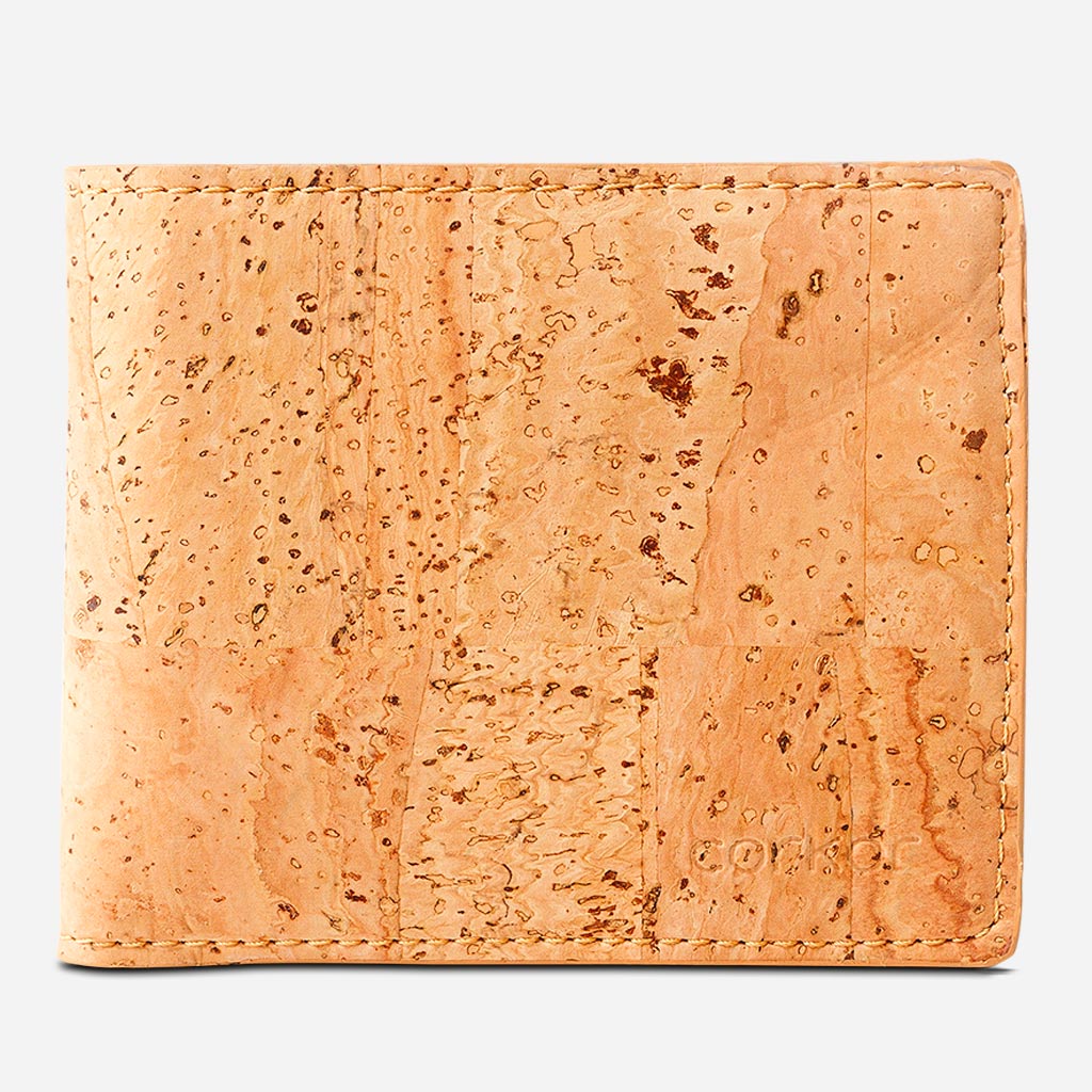 Front side of The Cork Passcase Wallet. Light Brown Cork.