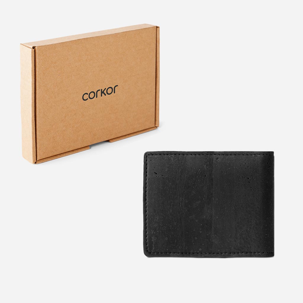 The Vegan Minimalist Cork Wallet with coin pocket and its box.