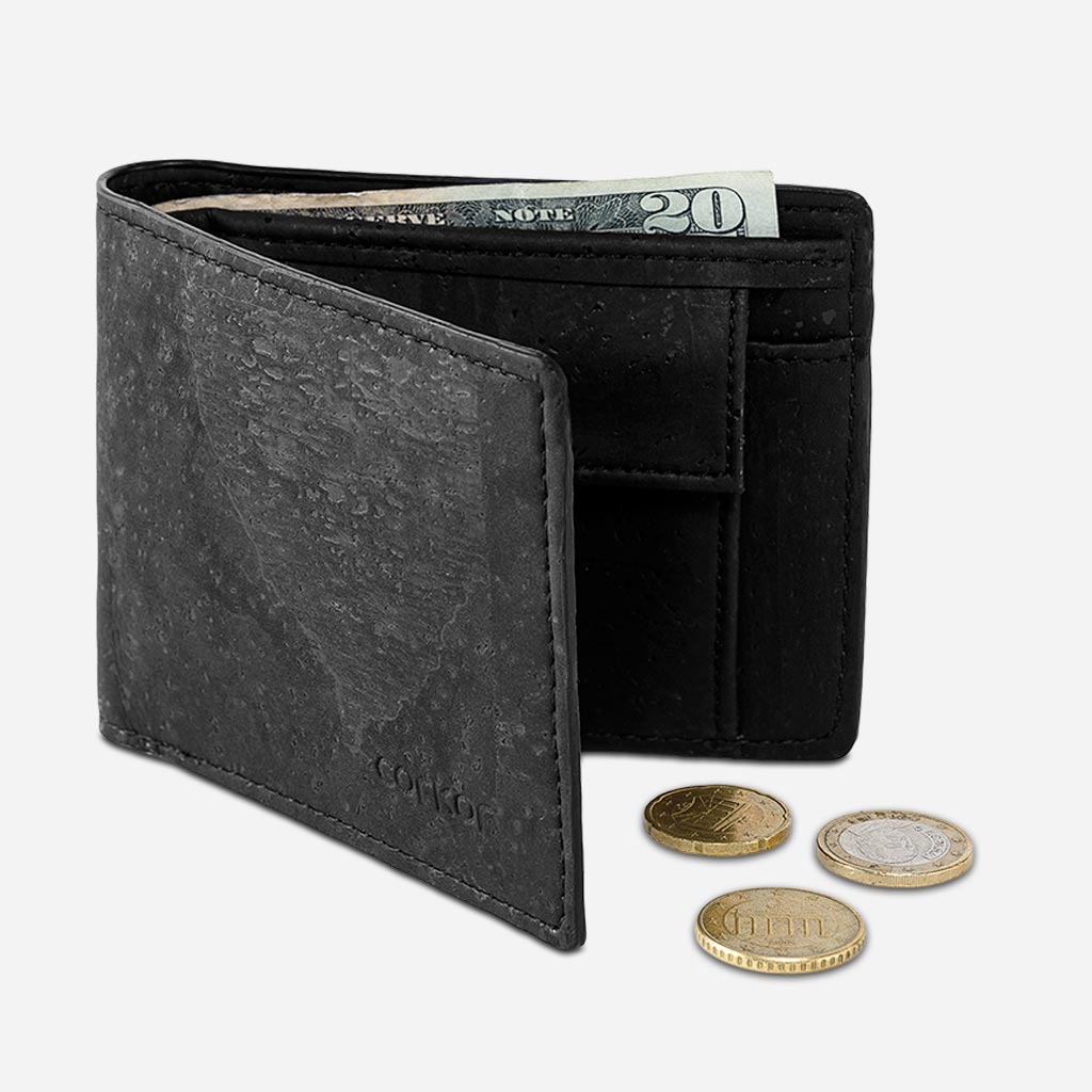 Front Side of The Vegan Minimalist Cork Wallet with coin pocket. Black Cork.