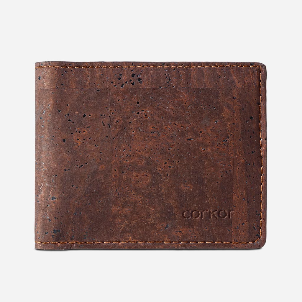 Front Side of The Vegan Minimalist Cork Wallet with coin pocket. Brown Cork.