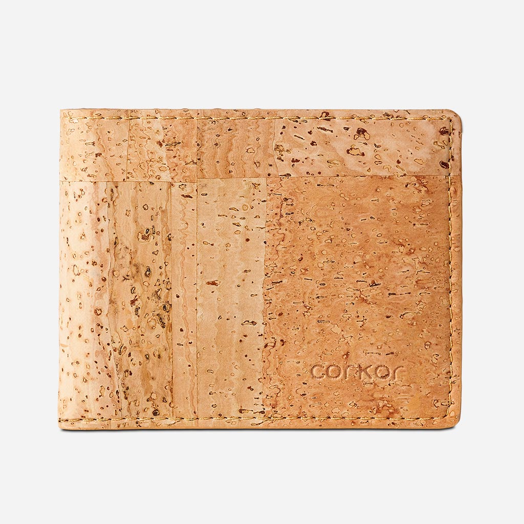 Front Side of The Vegan Minimalist Cork Wallet with coin pocket. Light Brown Cork.