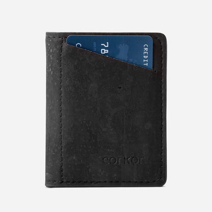 Front Side of The Vegan Minimalist Cork Slim Wallet. Black Cork.