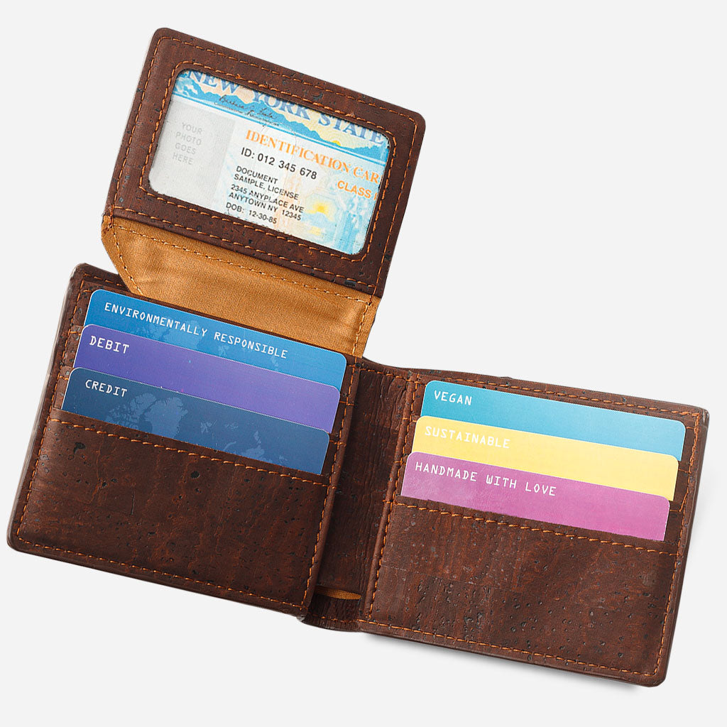 ID Flap of The Cork Passcase Wallet. Open View. Brown Cork.