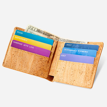 Open View of The Bifold Wallet for Men. Light Brown Cork.