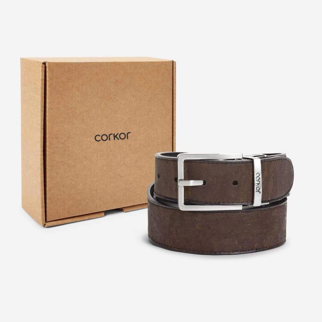 Brown and black reversible cork belt, 35 mm, with its box