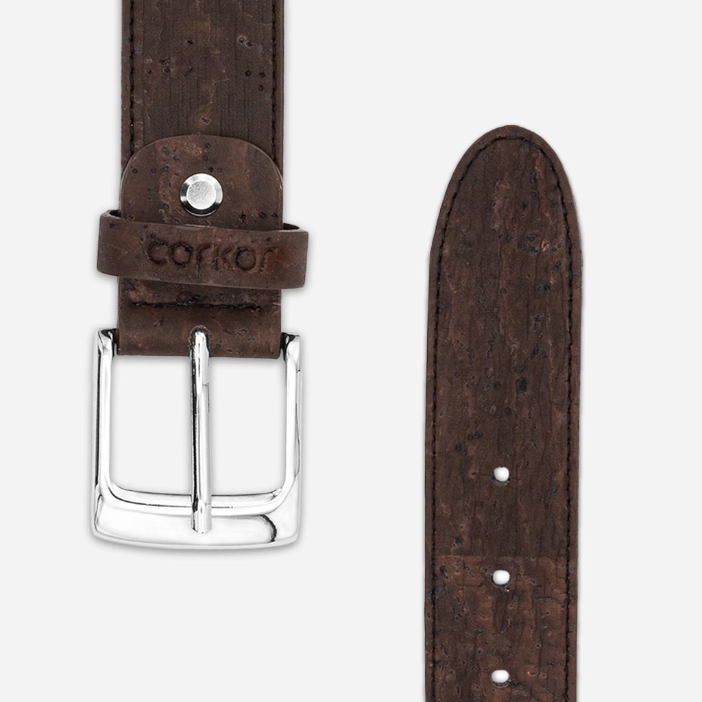 Round silver-tone buckle and strap of a cork belt for men.